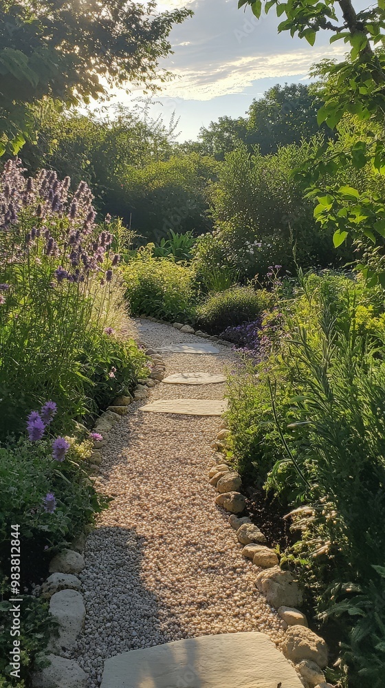 Winding pathway beckons visitors through lush greenery and aromatic blooms in tranquility Winding pathway beckons visitors through lush greenery and aromatic blooms in tranquility
