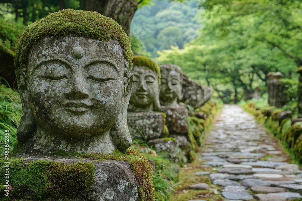 Moss-Covered Buddha Statues Lining a Stone Path in a Lush Forest Moss-Covered Buddha Statues Lining a Stone Path in a Lush Forest
