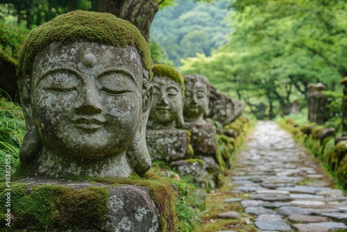 Moss-Covered Buddha Statues Lining a Stone Path in a Lush Forest