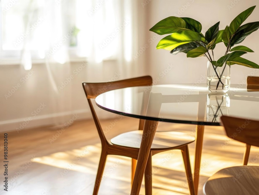 A modern table setting with a glass top and wooden chairs, featuring a vibrant plant in a vase, illuminated by natural light.