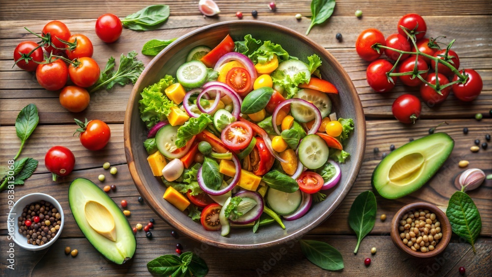 A vibrant, fresh salad featuring a colorful mix of vegetables including tomatoes, cucumbers, bell peppers, and red onions, garnished with avocado slices and surrounded by various fresh ingredients on A vibrant, fresh salad featuring a colorful mix of vegetables including tomatoes, cucumbers, bell peppers, and red onions, garnished with avocado slices and surrounded by various fresh ingredients on