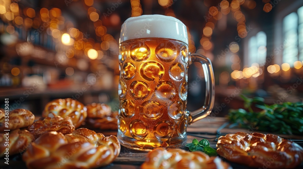 Bavarian Pretzel on Checkered Pattern for Oktoberfest Celebration Bavarian Pretzel on Checkered Pattern for Oktoberfest Celebration