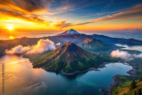 Aerial sunrise view of Mount Rinjani Volcano from Gili Air, Lombok