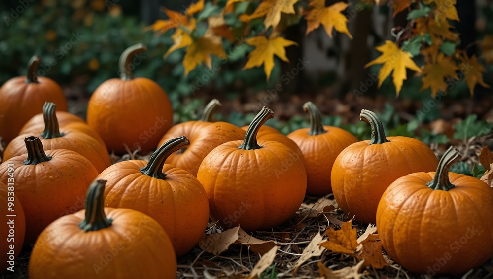 Bright pumpkins surrounded by autumn leaves for Halloween. Bright pumpkins surrounded by autumn leaves for Halloween.