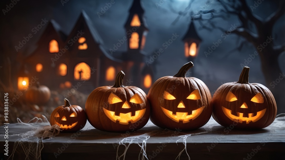 Halloween horror night scene with glowing pumpkins, moon and house, Happy halloween concept Halloween horror night scene with glowing pumpkins, moon and house, Happy halloween concept