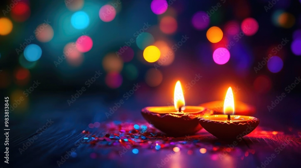 Brightly lit candles on a dark surface, surrounded by colorful bokeh lights that create a warm and inviting atmosphere. Brightly lit candles on a dark surface, surrounded by colorful bokeh lights that create a warm and inviting atmosphere.