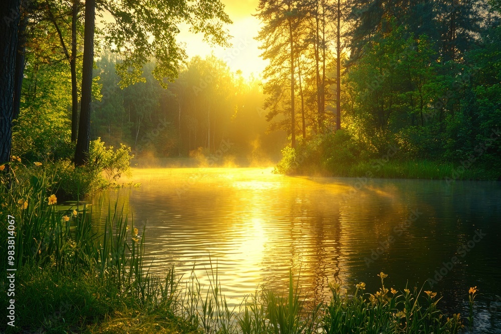 Obraz premium Golden Hour Reflection on a Forest Lake