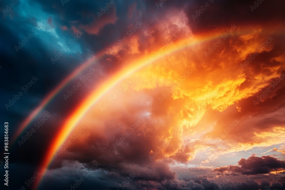A rainbow stretching across the sky, framed by the soft glow of the sun as it peeks through the remaining storm clouds A rainbow stretching across the sky, framed by the soft glow of the sun as it peeks through the remaining storm clouds