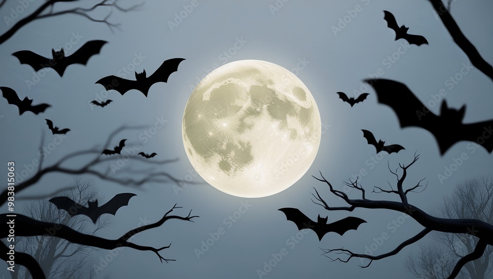 Horror scene, Bats flying in front of bright moon, night time, Happy Halloween Horror scene, Bats flying in front of bright moon, night time, Happy Halloween