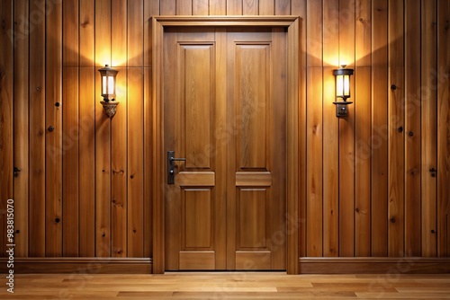 Aerial view of a wooden door with sconces and a wood paneled wall