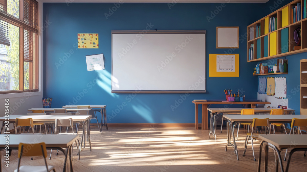 a friendly classroom with a whiteboard, a teacher's desk and students' desks a friendly classroom with a whiteboard, a teacher's desk and students' desks
