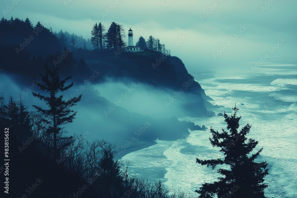 Fototapeta premium A Lighthouse on a Foggy Cliff Overlooking a Rough Sea