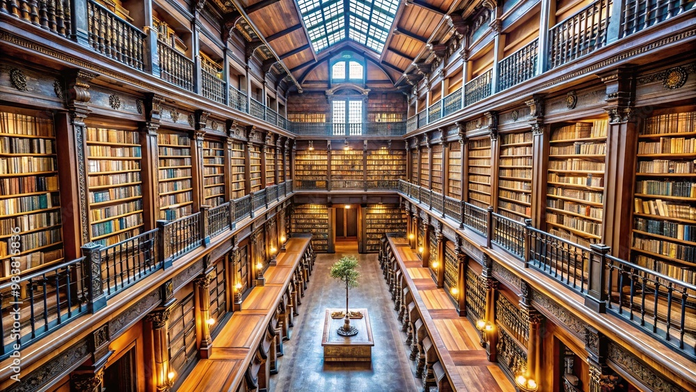 Aerial view of ancient library with towering bookshelves Aerial view of ancient library with towering bookshelves