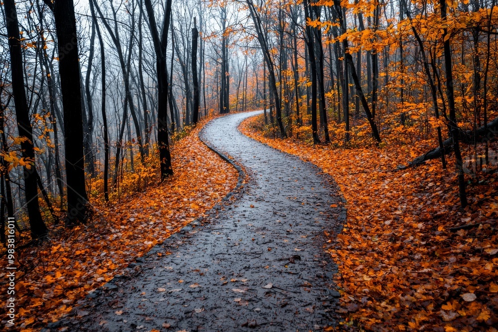 Fototapeta premium A rustic trail winding through a forest in fall, the ground entirely blanketed in orange and yellow leaves