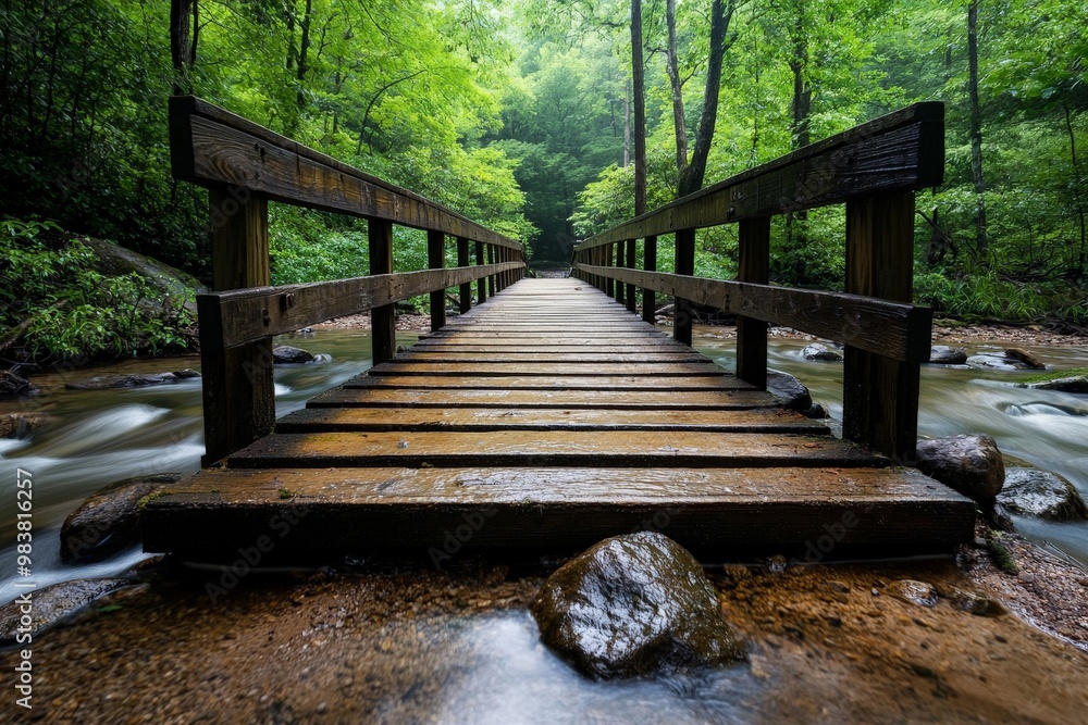 Fototapeta premium A rustic wooden bridge crossing a small, clear stream in the heart of a peaceful forest