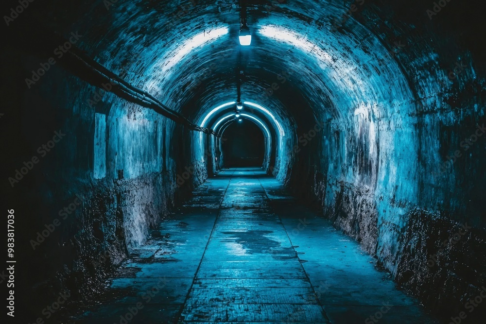 A Dark and Mysterious Tunnel Lit by Faint Blue Lights A Dark and Mysterious Tunnel Lit by Faint Blue Lights