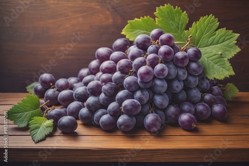 Bunch of fresh grapes on wooden table. Vintage style toned picture. ai generative