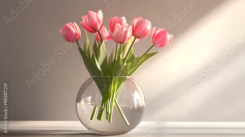 Flower vase: Elegant glass vase holding fresh pink tulips.