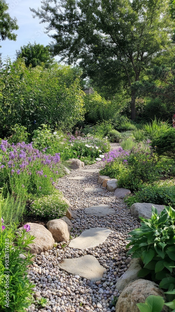 Obraz premium A tranquil path winds through vibrant blooms and lush plants inviting peaceful reflection