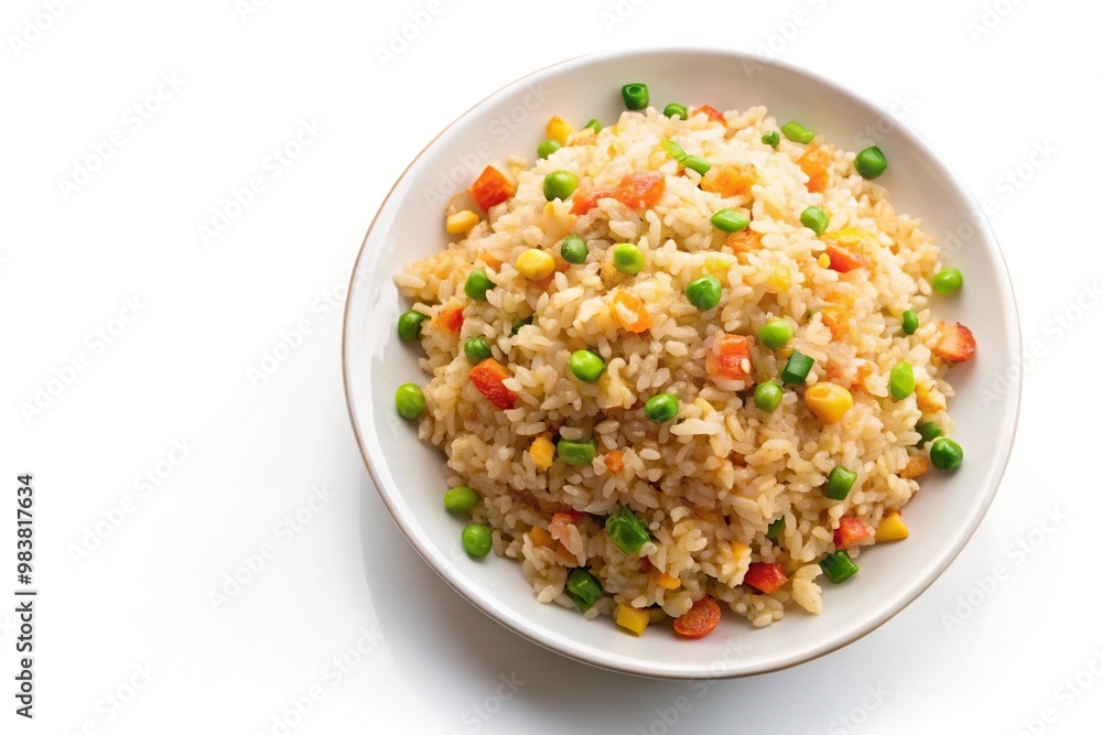 Aerial view of Chinese fried rice in a plate on white background close-up Aerial view of Chinese fried rice in a plate on white background close-up