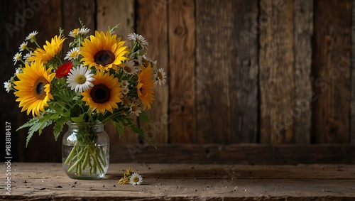 Cheerful bouquet of wildflowers like daisies and sunflowers in a rustic setting. photo