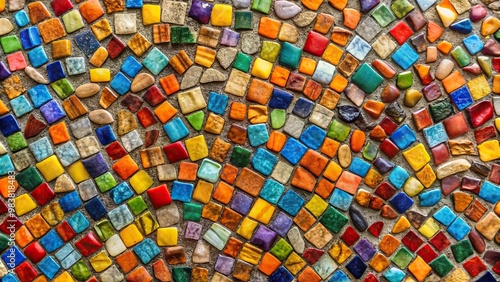 Aerial view of colorful mosaic stones on wall texture background