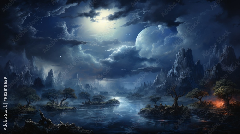 月光と広大な自然風景イラスト,Generative AI AI画像 月光と広大な自然風景イラスト,Generative AI AI画像