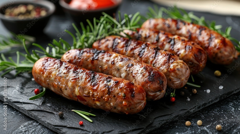 Savory Snack: Beer and Fried Sausages on Slate Plate, Isolated on White - Close Up Savory Snack: Beer and Fried Sausages on Slate Plate, Isolated on White - Close Up