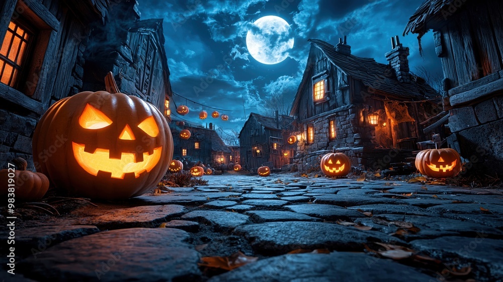 Eerie cobblestone street in an abandoned town, illuminated by glowing jack o lanterns under full moon, creating spooky Halloween atmosphere Eerie cobblestone street in an abandoned town, illuminated by glowing jack o lanterns under full moon, creating spooky Halloween atmosphere