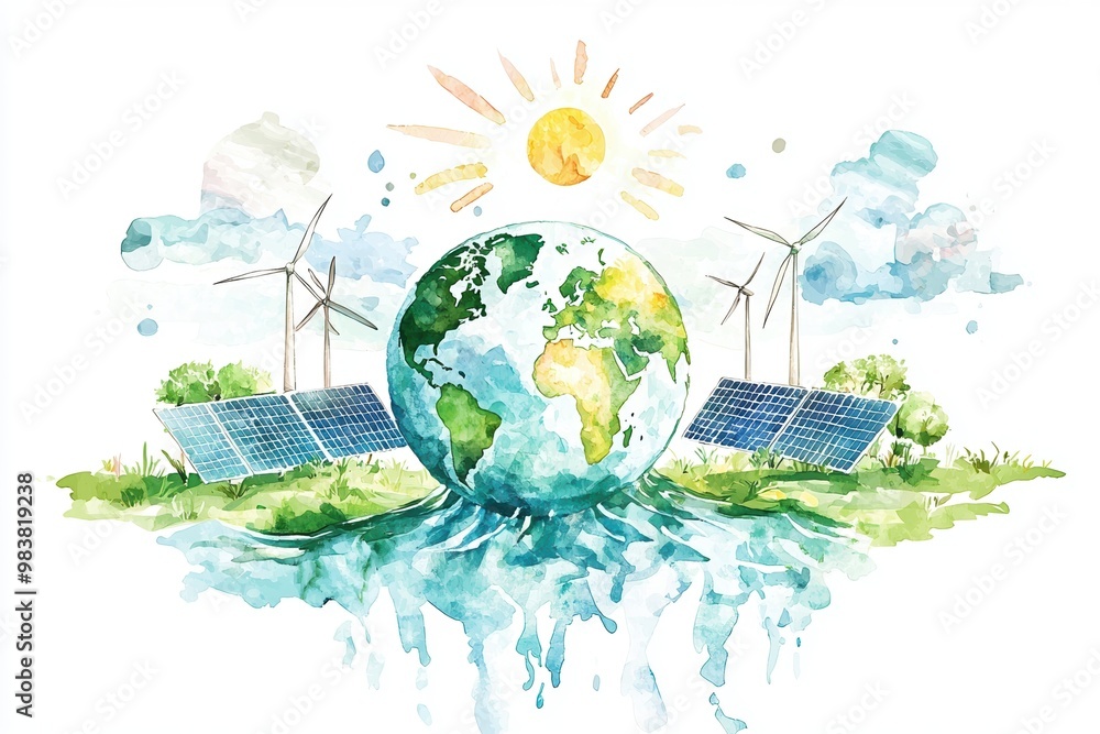Naklejka premium Vibrant illustration of Earth with renewable energy sources, showcasing wind turbines, solar panels, and a bright sunny sky.