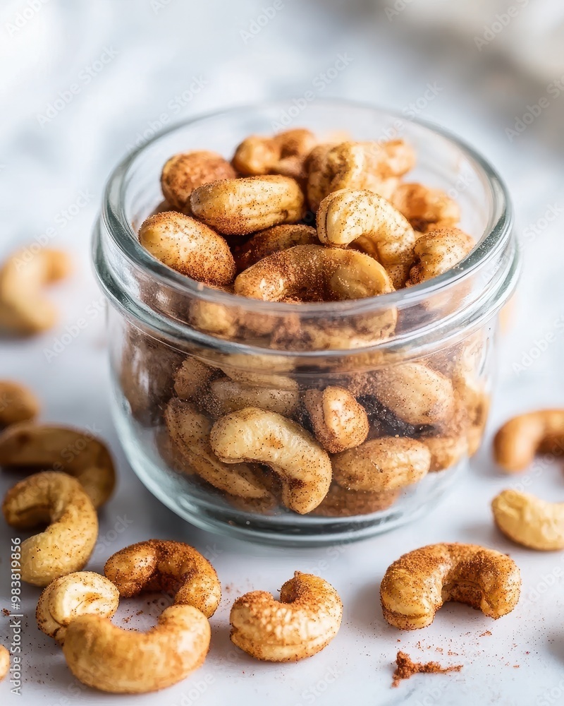 A glass jar filled with seasoned cashews, surrounded by scattered nuts on a surface. A glass jar filled with seasoned cashews, surrounded by scattered nuts on a surface.