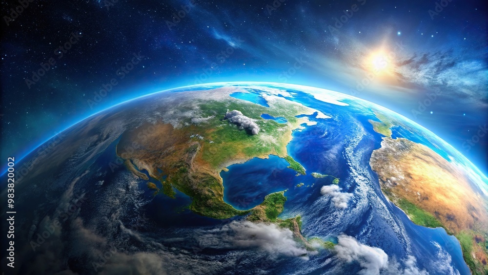 Fototapeta premium Aerial view of Earth from orbit with blue background