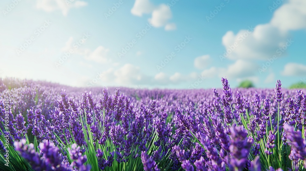 Naklejka premium A breathtaking view of a field of lavender flowers under a clear blue sky.