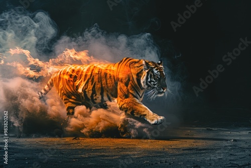 A majestic tiger running through a fiery mist with a powerful and dynamic pose. photo