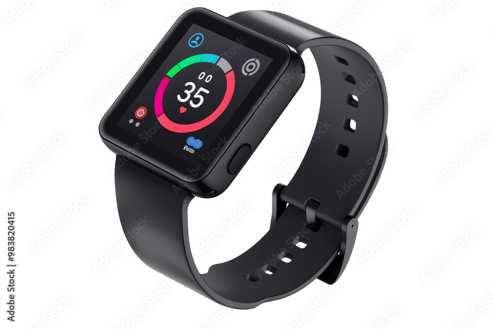 A black fitness tracker displaying heart rate and activity data during an exercise session indoors A black fitness tracker displaying heart rate and activity data during an exercise session indoors