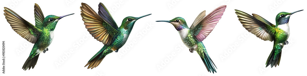 Obraz premium Vibrant hummingbird with iridescent feathers hovering gracefully over a bed of colorful flowers in a lush tropical garden The tiny fast moving bird appears to be in a dynamic