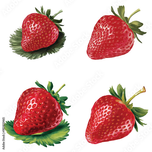 Create an illustration of a whole strawberry set paired with a cut strawberry half 