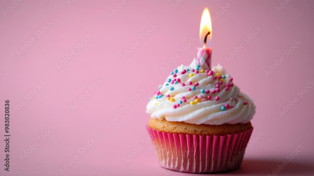 Creamy cupcake with a burning candle isolated on pink background with copy space. Sweet dessert for birthday party Creamy cupcake with a burning candle isolated on pink background with copy space. Sweet dessert for birthday party