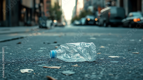 Plastic bottle: Crumpled plastic bottle discarded in city str photo