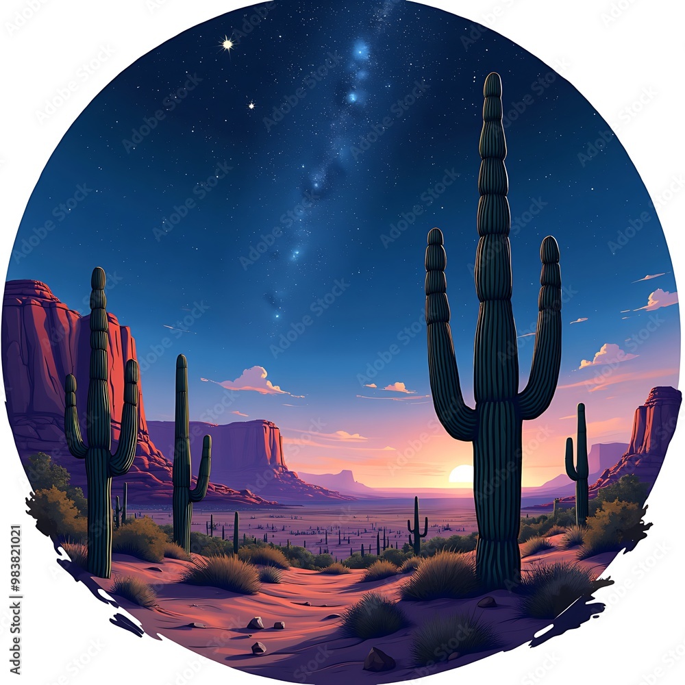 art of a desert scene with towering cacti and a night sky full of stars ...