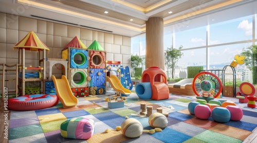 Children’s Play Area: A fun-filled zone featuring slides, climbing frames, and soft toys, providing a safe environment for kids to play while parents enjoy a break.
 photo