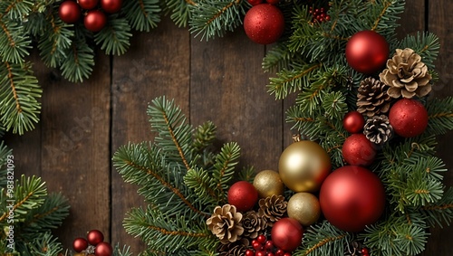 Christmas wreath with pine branches, cones, and red and gold ornaments.