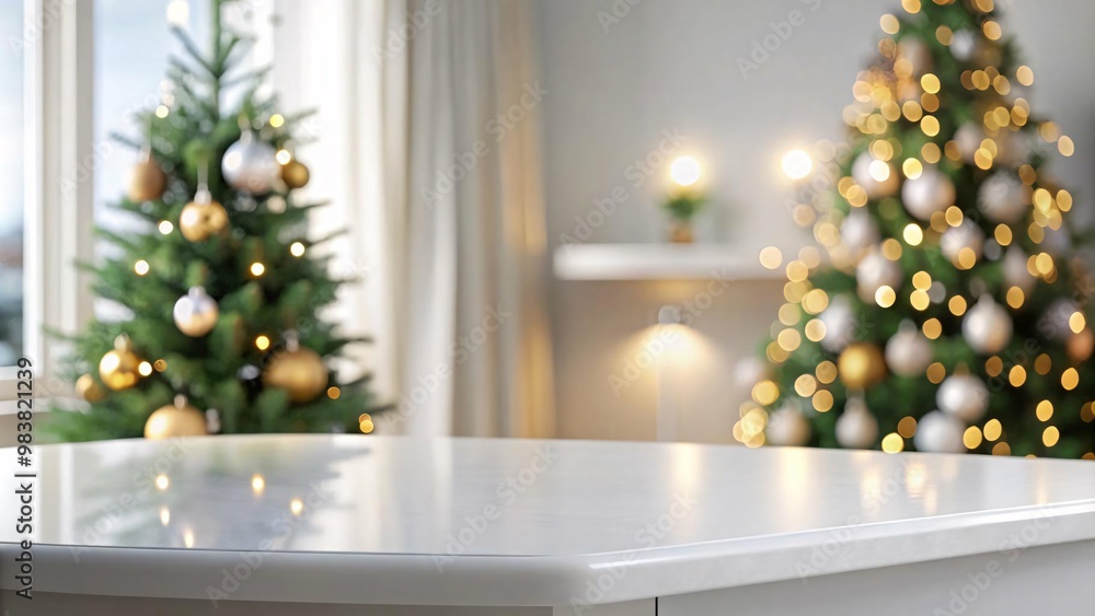 A white table with rounded edges sits in the foreground, blurred in the background are two christmas trees decorated with glittering ornaments and lights. A white table with rounded edges sits in the foreground, blurred in the background are two christmas trees decorated with glittering ornaments and lights.