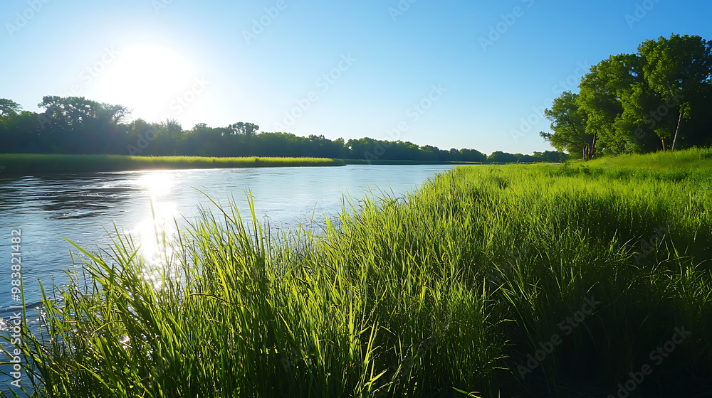 River bank: Grassy riverbank reflecting sunlight under clear skies River bank: Grassy riverbank reflecting sunlight under clear skies