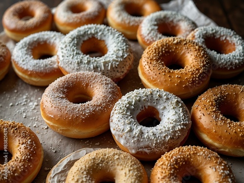 Circular bagels and donuts with powdered sugar on a plate.