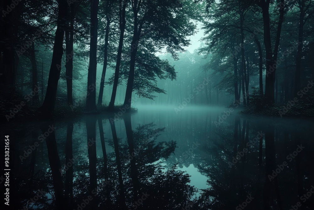 Foggy Forest Reflecting in a Still Lake at Dusk Foggy Forest Reflecting in a Still Lake at Dusk