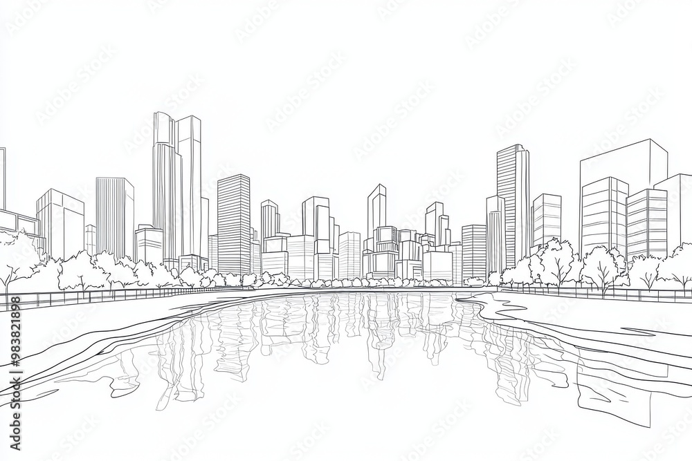 Fototapeta premium A serene city skyline outline reflected in calm water, showcasing modern architecture and greenery in a minimalist style.