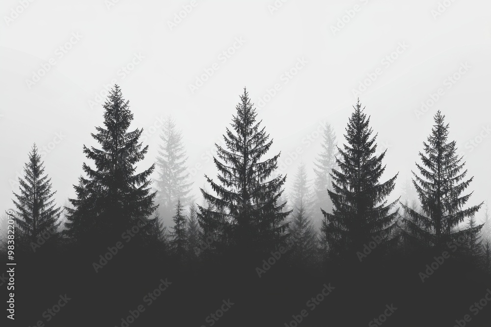 Obraz premium A serene landscape featuring tall trees in a foggy atmosphere, evoking a sense of tranquility and nature's beauty.