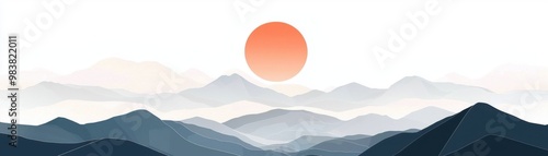 A serene landscape featuring layered mountains and a rising sun, perfect for tranquil and inspiring design projects.