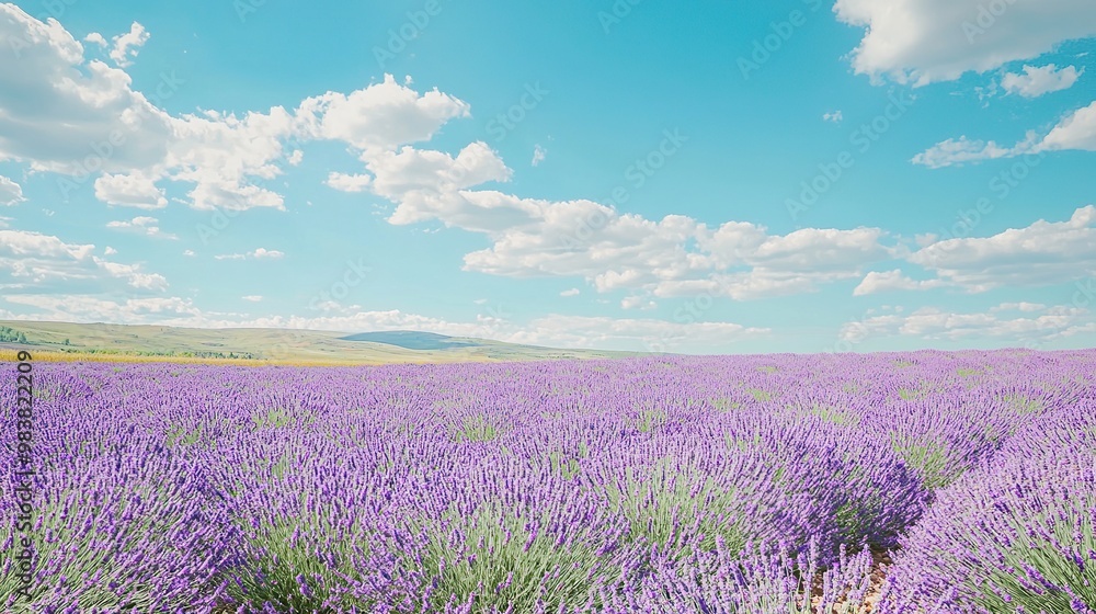 Naklejka premium A vast field of lavender flowers under a bright blue sky with fluffy white clouds.